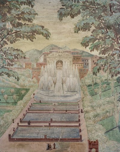 Vista del órgano de agua y la Fuente de Neptuno de Italian School