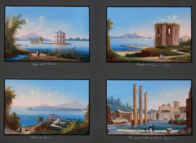 Vistas de los Campos Flégreos: Lago Fusaro, Templo de Venus en Baja, Golfo de Baja, Templo de Serapis en Pozzuoli de Italian School