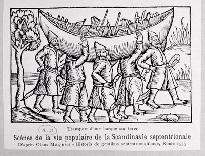Vikingos llevando un barco a Rusia, ilustración de Historia de Gentibus Septentrionalibus por Olaus Magnus (1490-1558), publicada en Roma, 1555 de Italian School