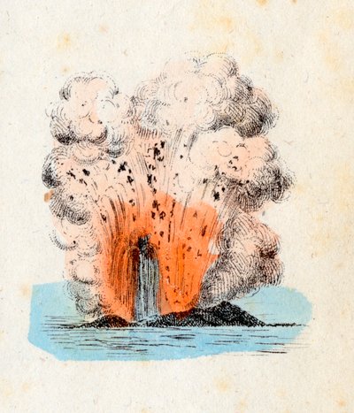 Volcán de las Islas Eolias en erupción, con un gran chorro de lava acompañado en la explosión por una copiosa cantidad de gas y ceniza, Litografía Corbetta, Milán de Italian School