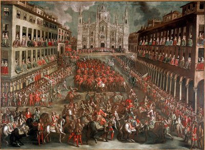Guerra de Sucesión Española: “Fiestas organizadas para celebrar la entrada a Milán del Príncipe Eugenio de Saboya (1663-1736) al frente del ejército victorioso después de la batalla de Turín el 24/09/1706” (celebración en la Piazza Duomo en Milán por la v de Italian School