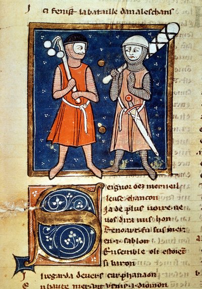 Guerreros con armas de mazas - en "El moinage de William", manuscrito del siglo XIII. Biblioteca Trivulziana. Milán de Italian School