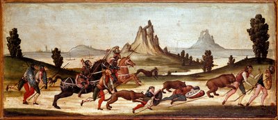 Escena de caza silvestre Los cazadores son mordidos por animales. Pintura de la escuela sienesa. Siglo XV Florencia, Museo Nazionale del Bargello de Italian School