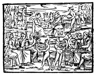 Brujas y hechiceros festejando en el Sabbath, ilustración del Compendium Maleficarum de Francesco Maria Guazzo, 1608 de Italian School