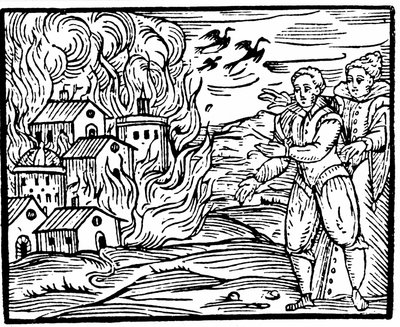 Brujas destruyendo una casa por fuego, Suabia en 1533, ilustración del Compendium Maleficarum de Francesco Maria Guazzo, 1608 de Italian School