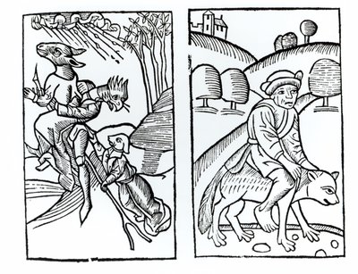 Brujas disfrazadas de animales montando una escoba (izquierda) y brujo masculino montando un lobo (derecha), copias de ilustraciones del Compendium Maleficarum por Fr M Guaccius, Milán 1608, usadas en Historia de la Magia de Italian School