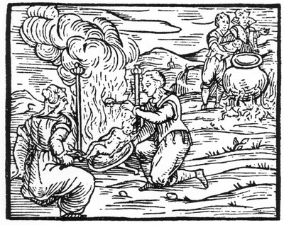 Brujas asando y hirviendo infantes, copia de una ilustración del Compendium Maleficarum por Fr M Guaccius, Milán 1608, usada en Historia de la Magia, publicada a finales del siglo XIX de Italian School