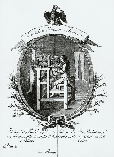 Trabajador en telar, imagen publicitaria de Stanislaus Bosisio Torinese, fabricante de calcetines, pantalones, guantes y todo tipo de prendas de punto de seda y algodón, grabado, Italia de Italian School