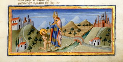 Yates Thompson 36, f.149, La figura desnuda de San Francisco, recibe la bendición del Obispo de Asís, de la 