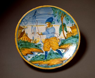 Joven de la nobleza. Plato de cerámica producido en Viterbo, Italia. Finales del siglo XVI. Florencia, Museo Nazionale del Bargello de Italian School