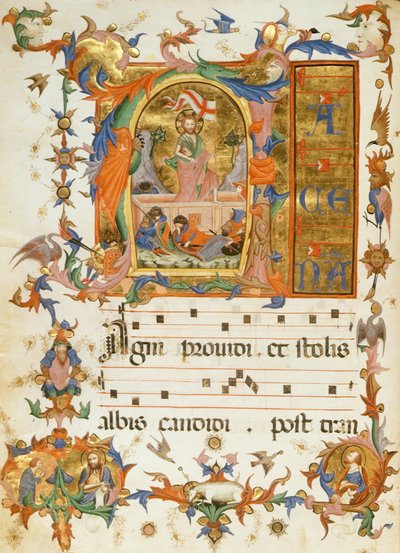 f.80v La Resurrección, del "Himnario del Monasterio de San Salvador", Siena 1415 (vitela) de Italian School