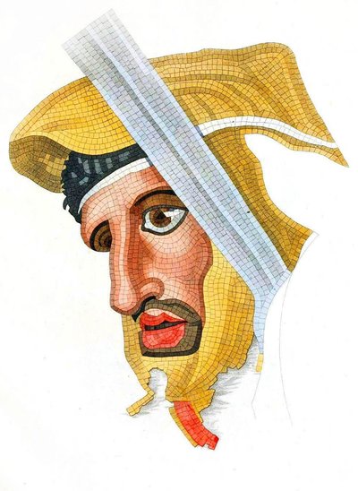 Mosaico de piso, cabeza de un soldado persa, removido de la Casa del Fauno, 1831 de Italian School