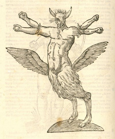 Ilustración de Monstrum tetrachiron alatum capite humano aurito de Historia de Monstruos de Aldrovandi, 1642 de Italian School