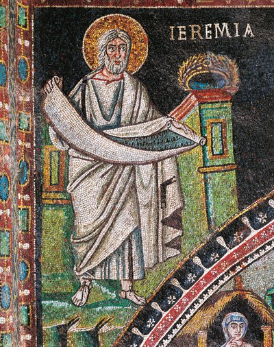 Profeta Jeremías, mosaico, izquierda de la luneta, pared norte del presbiterio, Basílica de San Vitale (Lista del Patrimonio Mundial de la UNESCO de Italian School