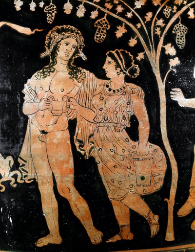 Detalle de un jarrón de Ruvo, en Apulia (Apulia), que representa a una pareja de jóvenes casados. Sostienen en sus manos una copa de vino. Siglo IV a.C. Museo Archeologico Nazionale Nápoles de Italic
