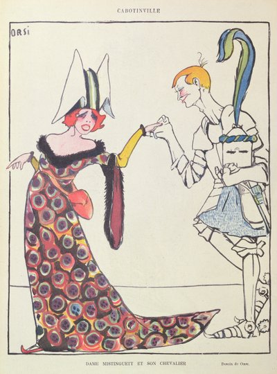 Mistinguett (1875-1956) y su Chevalier, caricatura de "Le Rire". de Italo Orsi