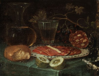 Bodegón con trozo de pan, jarra de cristal, copa de vino, plato con jamón y embutido, limón y cuchillo con mango de nácar de Italo flämischer Maler des 17. Jahrhunderts