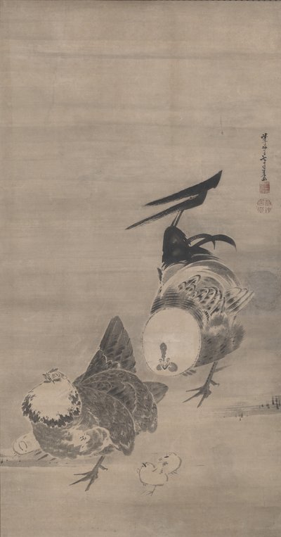 Gallos, gallina y pollitos, derecha de un par, 1795 de Ito Jakuchu