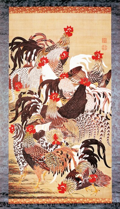 Trece gallos, de Doshoku Sai-e (Colorido reino de los seres vivos) Periodo Edo. c.1757-66 (color sobre seda) de Ito Jakuchu