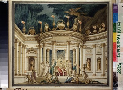 El Triunfo de las Musas. Projet du rideau pour le prologue musical de Alexander Alyabyev (1787-1851) y Alexis Verstsovsky (1799-1863). (Triunfo de las musas. Diseño de telón para el prólogo musical de A.Alyabyev y A.Verstovsky). Decoración antigua con Apol de Ivan Alekseevich Ivanov