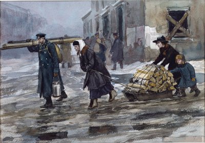 Una familia de un ingeniero arrastrando a casa algo de combustible por Vladimirov, Ivan Alexeyevich (1869-1947). Acuarela, gouache sobre papel de Ivan Alexeyevich Vladimirov