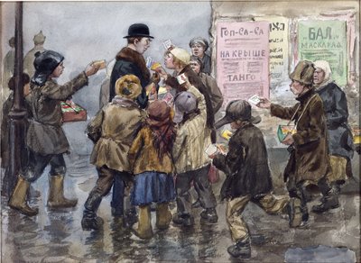 Un extranjero atacado por vendedores de cigarrillos en Petrogrado por Vladimirov, Ivan Alexeyevich (1869-1947). Acuarela, gouache sobre papel de Ivan Alexeyevich Vladimirov