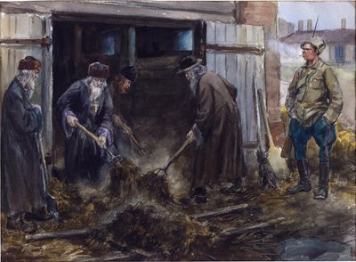 Un grupo de sacerdotes rusos obligados a desalojar los establos del cuartel por Vladimirov, Ivan Alexeyevich (1869-1947). Acuarela, gouache sobre papel de Ivan Alexeyevich Vladimirov