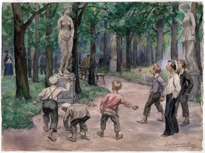 Competition sportive dans le jardin imperial, Saint Petersbourg (des enfants jettent des cailloux sur une statue de femme nue) - Competición deportiva en los jardines imperiales: Petrogrado, julio de 1921 (de la serie de acuarelas Revolución rusa) - Vladim de Ivan Alexeyevich Vladimirov