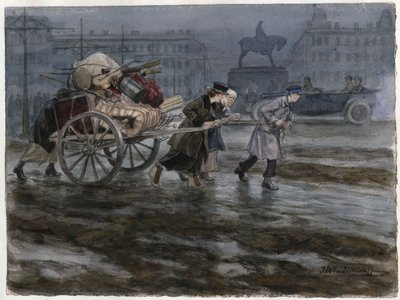 Famille demenageant ses affaires dans une charrette a bras - Family moving its belongings on cart (from the series of watercolors Russian revolution) - Vladimirov, Ivan Alexeyevich (1869-1947) - 1917-1918 - Acuarela sobre papel - 25,9x34,3 - Private Collec de Ivan Alexeyevich Vladimirov