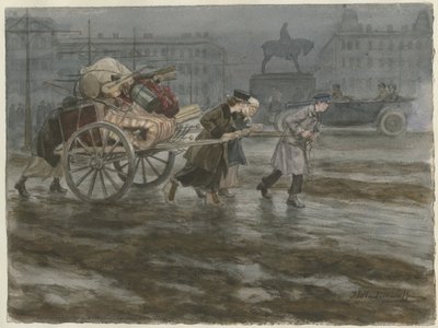 Familia moviendo sus pertenencias en carro de la serie de acuarelas Revolución rusa, 1917-1918 de Ivan Alexeyevich Vladimirov