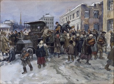 Obreros hambrientos en Petrogrado robando pan a un camión militar por Vladimirov, Ivan Alexeyevich (1869-1947). Acuarela, gouache sobre papel de Ivan Alexeyevich Vladimirov