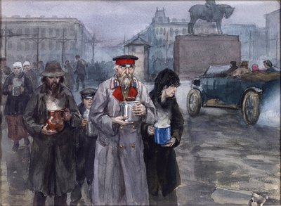 Años de hambre en Petrogrado. Regreso de un comedor comunitario por Vladimirov, Ivan Alexeyevich (1869-1947). Acuarela, gouache sobre papel de Ivan Alexeyevich Vladimirov