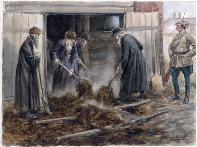 Le clerge russe pelletant le fumier - Clero ruso paleando heno: Septiembre de 1918 (de la serie de acuarelas Revolución rusa) - Vladimirov, Ivan Alexeyevich (1869-1947) - 1918 - Acuarela sobre papel - 25,8x34,3 - Colección particular de Ivan Alexeyevich Vladimirov