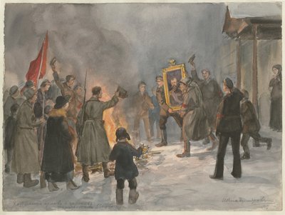 Soldados quemando pinturas de la serie de acuarelas Revolución rusa, 1917 de Ivan Alexeyevich Vladimirov