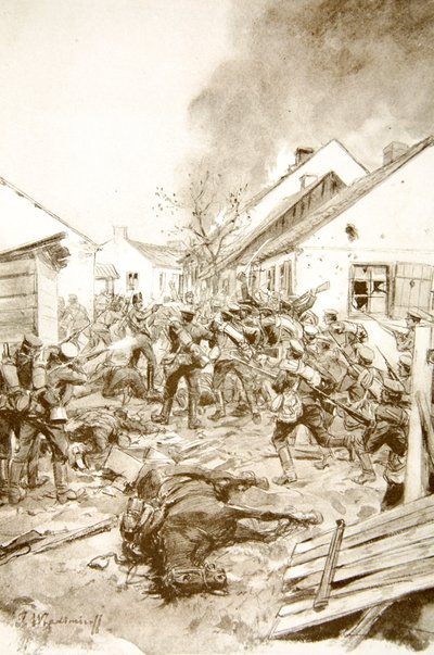 Barriendo todo con la bayoneta: soldados rusos asaltando las afueras de Jaroslav (litografía) de Ivan Alexeyevich Vladimirov