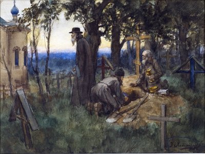 Los clérigos escondiendo los tesoros de la iglesia en una tumba nueva en un cementerio por Vladimirov, Ivan Alexeyevich (1869-1947). Acuarela, gouache sobre papel de Ivan Alexeyevich Vladimirov