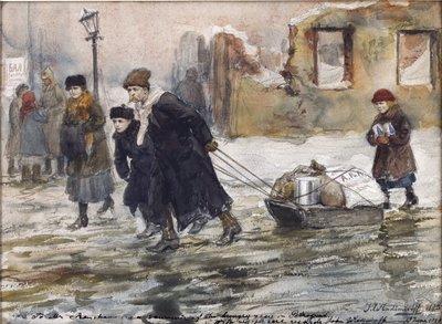Transportando comida en un trineo por Vladimirov, Ivan Alexeyevich (1869-1947). Acuarela, gouache sobre papel de Ivan Alexeyevich Vladimirov