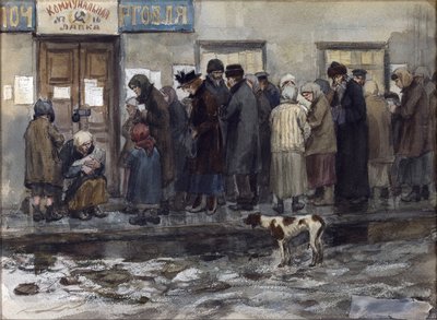 Esperando recibir un octavo de libra de pan por Vladimirov, Ivan Alexeyevich (1869-1947). Acuarela, gouache sobre papel de Ivan Alexeyevich Vladimirov