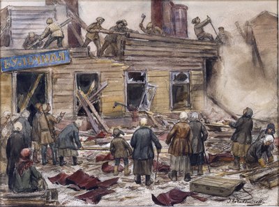 Obreros demoliendo casas de madera para obtener combustible por Vladimirov, Ivan Alexeyevich (1869-1947). Acuarela, gouache sobre papel de Ivan Alexeyevich Vladimirov