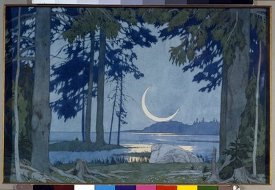 Claro de luna sobre el lago Ilmen. Escenografía para la ópera Sadko de Nicholas (Nikolai) Rimsky Korsakov (Rimsky-Korsakov) (1844-1908) (Noche en el lago Ilmen. Escenografía para la ópera Sadko de N. Rimsky-Korsakov (Rimsky Korsakov). Obra de Ivan Yakolevi de Ivan Yakovlevich Bilibin