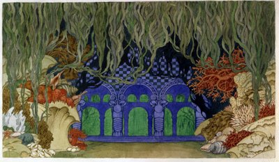 Escenografía preparatoria para la ópera Sadko de Nicholas (Nikolai) Rimsky Korsakov (Rimsky-Korsakov) (1844-1908). (Escenografía para la ópera Sadko de N. Rimsky Korsakov (Rimsky-Korsakov). Obras de Ivan Yakovlevich Bilibin (Bilibine) (1876-1942), acuarela de Ivan Yakovlevich Bilibin