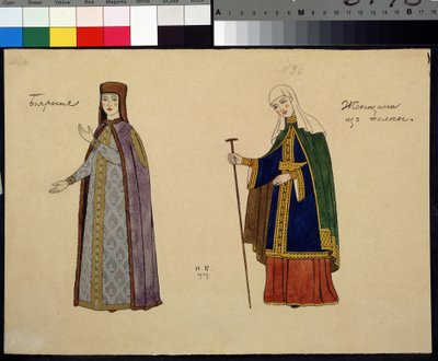 Diseño de vestuario para la ópera El gallo dorado de Nicolas (Nikolai) Rimsky Korsakov (Rimsky-Korsakov) (1844-1908)) (Diseño de vestuario para la ópera El gallo dorado de N. Rimsky-Korsakov (Rimsky Korsakov). Pintura de Ivan Yakolevich Bilibina (Bilibina) de Ivan Yakovlevich Bilibin