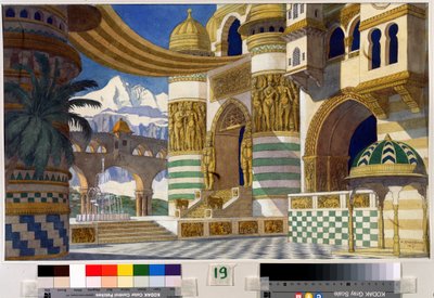 Dibujo preparatorio para la decoración de la ópera "Rouslan and Ludmila" de Mikhail Igor Glinka (1804-1857) (Escenografía para la ópera Ruslan and Ludmila de M.Glinka). Pintura de Ivan Yakolevich Bilibin (Bilibin) (1876-1942). Acuarela y tinta sobre papel, de Ivan Yakovlevich Bilibin