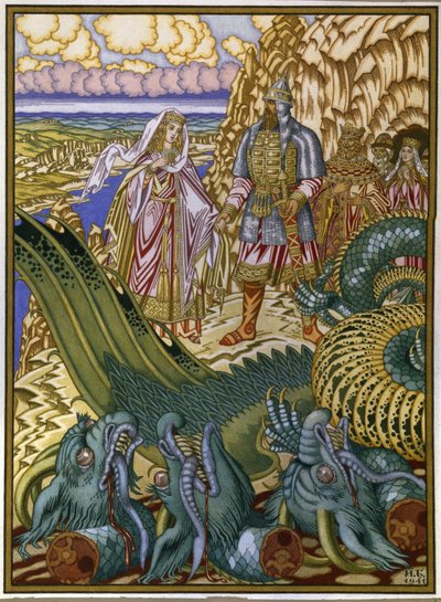 Dobrynia Nikitich salva a Zabava Putyatishna del dragón Gorynych. (Dobrynya Nikitich rescata a Zabava Putyatishna del Dragón Gorynych). Cuento popular tradicional de la Rus de Kiev. Obra de Ivan Yakovlevich Bilibin (Bilibin) (1876-1942), acuarela y gouac de Ivan Yakovlevich Bilibin