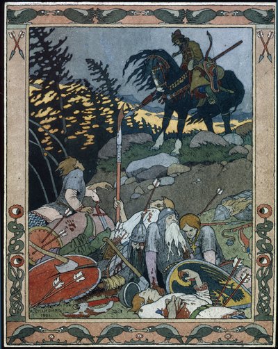 Ilustración para el cuento de hadas Maria des mers (Ilustración para el cuento de hadas Marya Morevna). El príncipe Iván descubre al ejército derrotado por María Morevna, la reina guerrera. Obra de Ivan Yakovlevich Bilibin (Bilibin) (1876-1942), acuarela y de Ivan Yakovlevich Bilibin