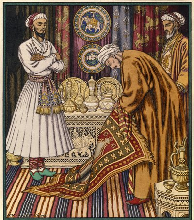 El príncipe Ali compra una alfombra mágica. Ilustración para un cuento árabe. (Príncipe Ali comprando una alfombra). Pintura de Ivan Yakolevich Bilibin (Bilibin) (1876-1942). Acuarela sobre papel. San Petersburgo, Museo Estatal Ruso. de Ivan Yakovlevich Bilibin