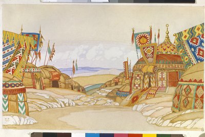 El campo militar de Polovtsien (o Couman, Kouman). Decoración para la ópera ""Prince Igor"" de Alexandre Borodin (Borodin) (1833-1887). Obra de Ivan Yakovlevich Bilibin (Bilibin) (1876-1942), acuarela sobre papel de Ivan Yakovlevich Bilibin