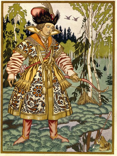 El príncipe Iván y la princesa rana. (Ivan Tsarevich y la princesa rana). Cuento tradicional ruso. Obra de Ivan Yakovlevich Bilibin (Bilibin) (1876-1942), acuarela y gouache sobre papel de Ivan Yakovlevich Bilibin