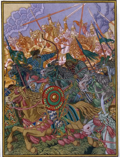 La expulsión de Khan Batu (circa 1205-1255) (La expulsión de Batu Khan). Batou, jefe tártaro mongol de la Horda de Oro en las estepas de Rusia. Obra de Ivan Yakovlevich Bilibin (Bilibin) (1876-1942), acuarela y gouache sobre papel de Ivan Yakovlevich Bilibin