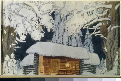 Casa de madera en el bosque nevado. Escenografía para la obra ""Comandante Suvorov"". Obra de Ivan Yakovlevich Bilibin (Bilibin) (1876-1942), acuarela y gouache sobre papel de Ivan Yakovlevich Bilibin